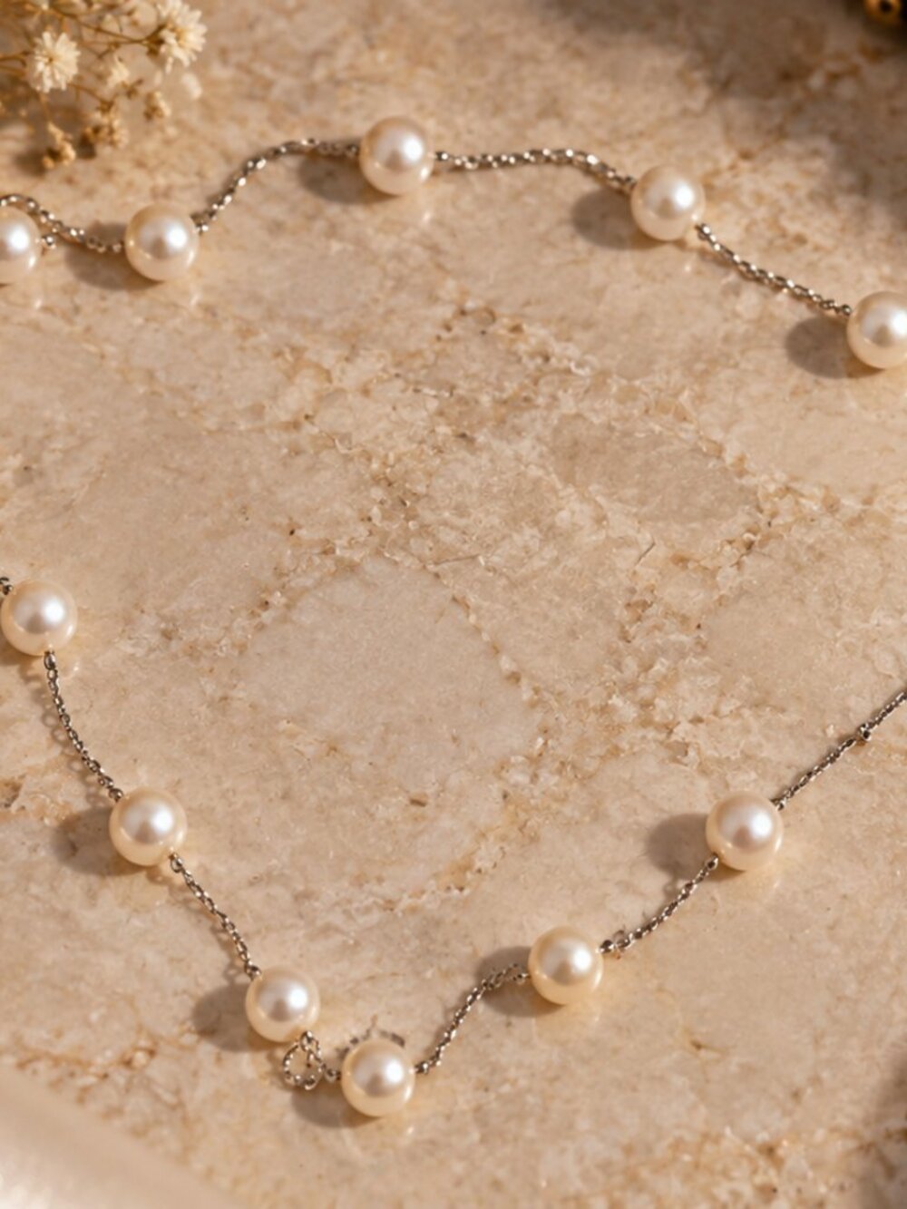 925 Sterling Silver White Pearl Station Necklace